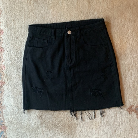 NEW Black Denim Frayed Mini Skirt - Picture 13 of 15